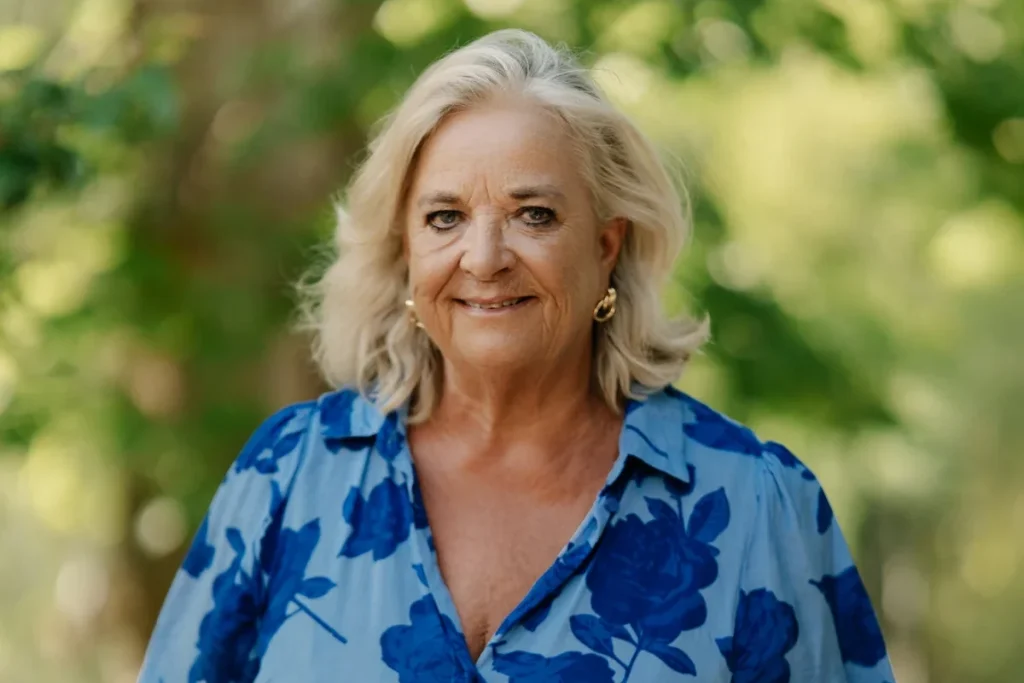 Portrait of Bente Furulund, partner at Casa Concept real estate, outdoors in a blue floral dress.