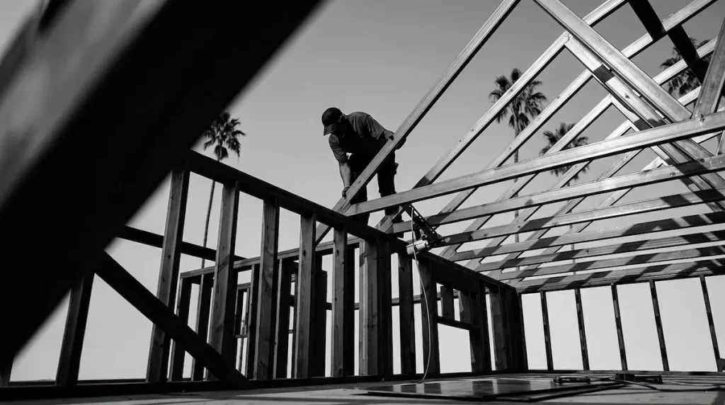 Black and white photo of a modern house frame under construction in Spain.