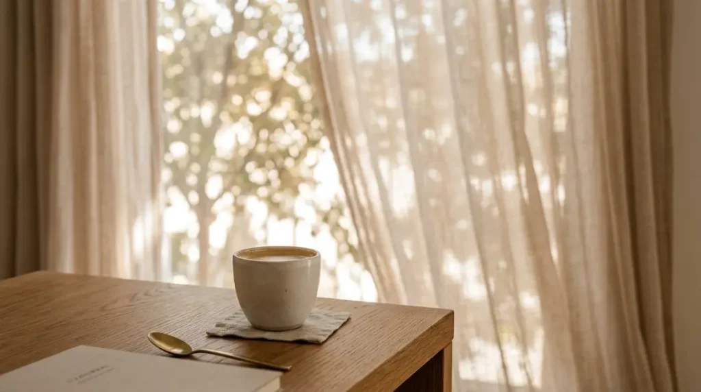 A cup of coffee on a wooden table with soft sunlight filtering through sheer curtains.
